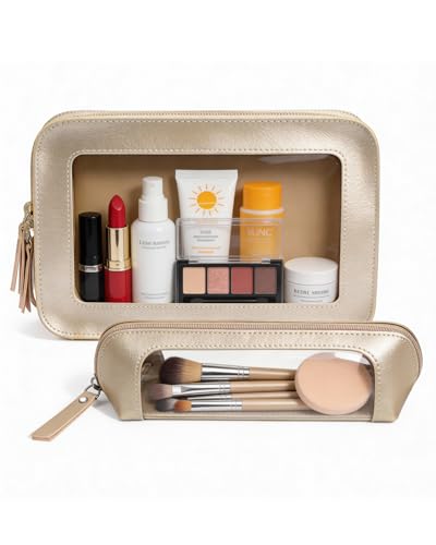 Image of 2Pack Clear Makeup Bags, Makeup Pouch for Purse Slim Make Up Brush Bag for Girls Car Accessories Essentials for Women(2Pack-Gold Set)