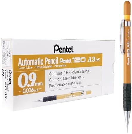 Pentel 120 Automatic Pencil – 0,9 Mm Druckbleistift Mit Gummigriff & Metallclip (A319-Y)