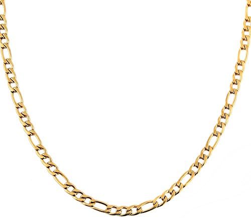 HZMAN Men Women 24k Real Gold Plated Figaro Chain Stainless Steel Necklace, Wide 3mm 5mm 7mm 9mm