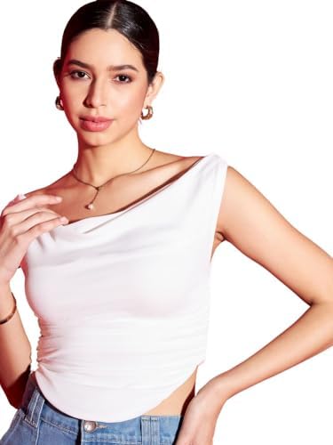 Uptownie Women Top | Stretchable Cowl Neck Ruched Design | Sleeveless & Knitted Fabric for Casual Soft & Comfortable