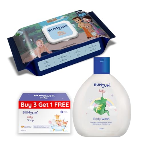 Image of Bumtum Chota Bheem Gentle Soft Moisturizing Wet Wipes With Lid - 72 Pcs.(Pack of 1) & Baby Soap (4N x 50 Gram) & Baby Body Wash (200 ML) Combo