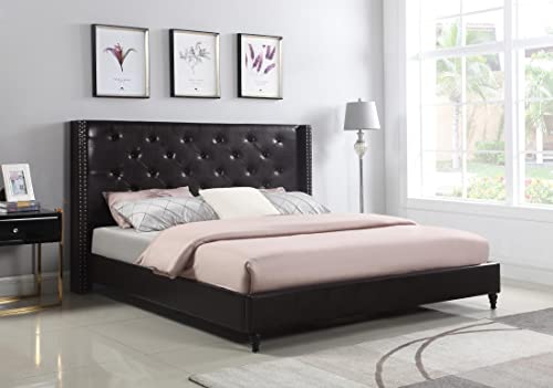 Full Upholstered Platform Bed Frame With 51" Tall Headboard - Button Tufted Leather Bed - Wood Slat Support With Storage Space - No Box Spring Needed - Easy Assembly - Brown - Oliver & Smith Astor #TOP3