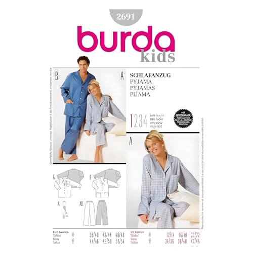 Burda B2691 - Cartamodello Per Realizzare Pigiama Per Uomo/Donna, Taglie Varie, 19 X 13 Cm