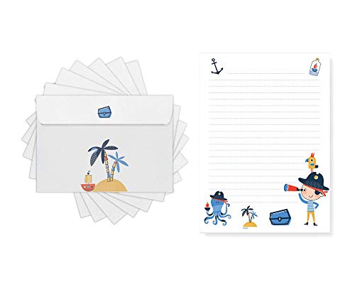 Friendly Fox Kinder Briefpapier Pirat, 1x DIN A5 Schreibblock mit Linien und 20 Umschläge, Kinder Briefblock liniert Briefpapier Set für Kinder