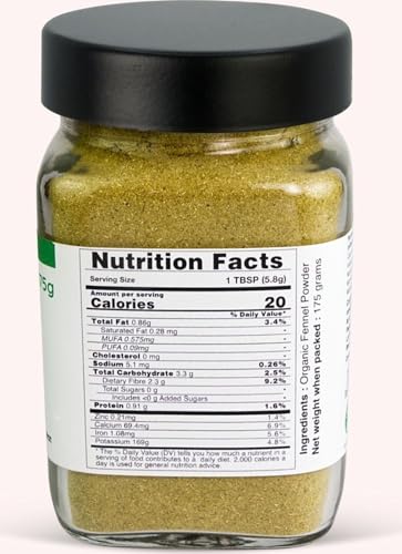 Image of Pure Tree Certified Organic Saunf Powder | 175 g | Glass Jar | Fennel Seed Powder | Variyali, Sompu Powder | Gluten Free & Flavourful