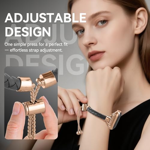 Image of Leather and Metal Band Compatible with Apple Watch Bands for Women,Adjustable Designer Cute Stylish Strap for iWatch Series11 /10 /9 /8 /7 /6 /5 /4 /3 /2 /1 /SE /Ultra