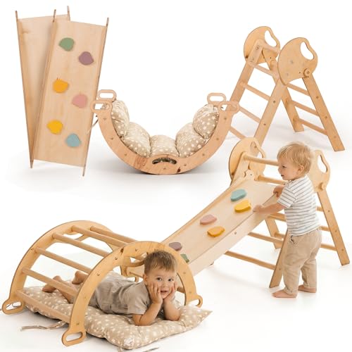 Goodevas 5-in-1 Montessori Klettergerüst Set: Indoor Kletterdreieck, Kletterbogen mit Kissen, und Rutsche für Kinder, Indoor Spielplatz 1-3 Jahre