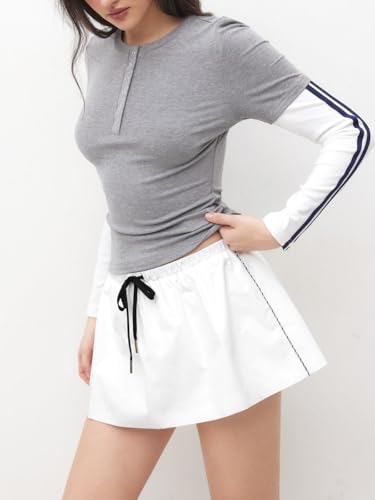 Aonoapll Women Casual Drawstring Mini Skirt Athletic Elastic Waist A Line Short Skirt Y2k Low Rise Micro Sweat Skirts4