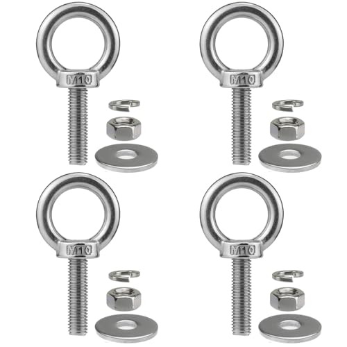 Image of M10 x 38mm Stainless Eye Bolt with Nuts 4 Pack, 3 /8 inch x 1.5 inch Long Shoulder Lifting Ring Eye Bolt for Boat & Hanging, Heavy Duty Marine Grade Threaded Eyebolts for Swing Tie Down Outdoor