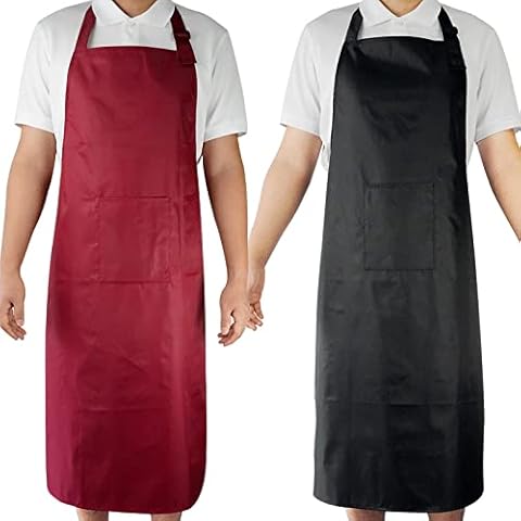 2Pack Waterproof Aprons, 43’’ Adjustable Bib with Pocket, Durable Men Women Apron for Dish Washing Gardening BBQ Grill, Red+black, 2 PCS Cover