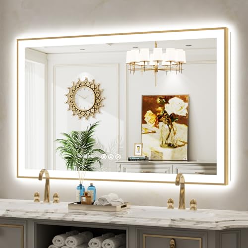 Image of 55x36 LED Bathroom Mirror with Lights, Gold Framed Lighted Mirror | Backlit and Front light, Anti-Fog, 3 Color Dimmable, Memory, Tempered Glass, IP54 Waterproof, UL Listed