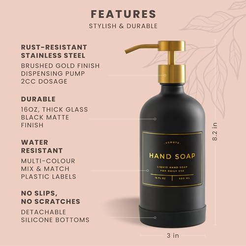 Image of Hand and Dish Soap Dispenser for Kitchen and Bathroom, Set of 2 16 Oz Glass Bottles, Stainless Steel Pumps, Non-Slip Silicone Base, 27 Waterproof Labels (Matte Black Bottle /Brushed Gold Pump)