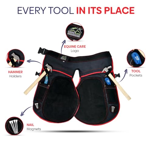 Image of Equine Care Farrier Apron Chaps - 2mm Cowhide Suede Leather, 500 GSM Canvas, 23 inch Length, Adjustable Waist (28-52 inch), Ambidextrous Knife Pockets, Magnets & Loops - Horseshoeing & Hoof Trimming.