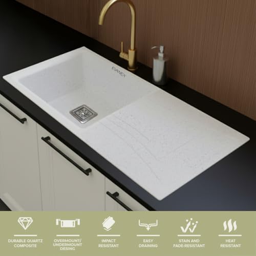 Image of EVANEX Quartz Sink for Kitchen|36x18x9 inch Kitchen Sink with Drain Board|Granite Sink for Kitchen Basin|Sand Pluto Quartz Kitchen Sink with Connector, Waste Pipe, Coupling and Drain Basket