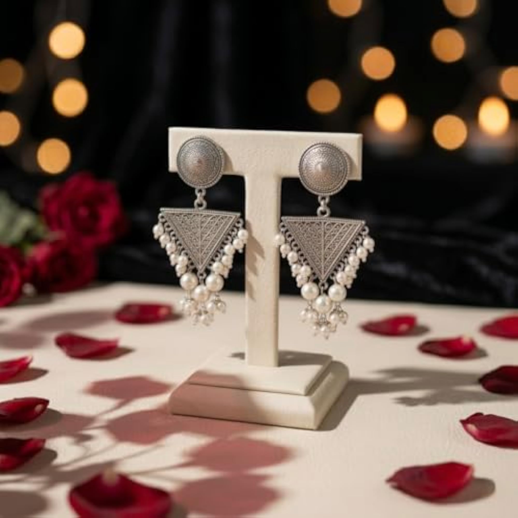 Oxidised Statement Drop Earrings with Pearl Dangles