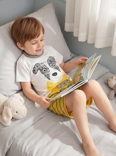 Image of Little Boys Short Set Pajamas for Boys 100% Cotton Toddle Firetruck Dinosaur Sleepwear Summer Clothes Size 2-7T