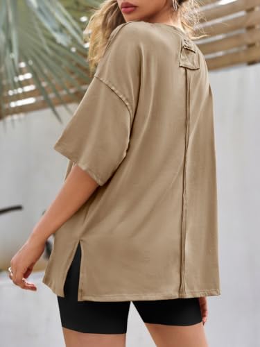 Image of Tankaneo Womens Oversized Tshirts Summer Casual Short Sleeve Crew Neck T Shirt Loose Fit Side Slit Tee Tops