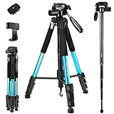 72-Inch Camera/Phone Tripod, Aluminum Tripod Travel Monopod Full Size for DSLR with 2 Quick Release Plates,Universal Phone Mount and Convenient Carrying Case Ideal for Travel and Work - MH1 Blue