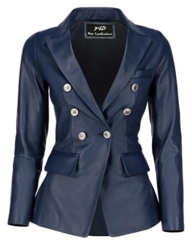 Double Breasted Fancy Buttons Lambskin Leather Blazer Women - Kim Kardashian Long Sleeve Coat Style Leather Jacket Women (Blue, Xl) #TOP15