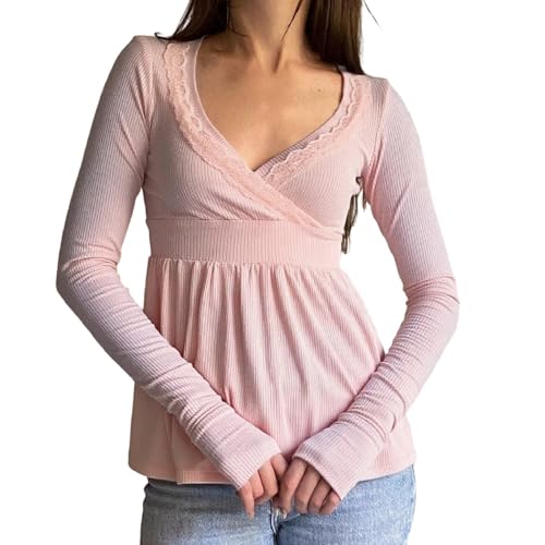 Image of Fairy Grunge Shirts for Women Y2K Tops Long Sleeve Lace Patchwork Tees Teen Girls Vintage Slim Blouse Fall Clothes