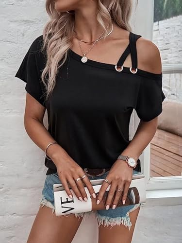 VKEGNIO Criss-Cross One Shoulder Tops Sexy Cold Shoulder Shirts Summer Short Sleeve T-Shirts Vacation Loose Casual Tees2