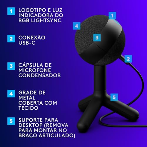 Microfone Condensador Gamer Logitech G Yeti Orb com RGB LIGHTSYNC, Captação Cardioide, Conexão USB P
