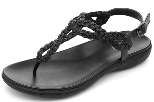 Image of UBFEN Womens Flat Sandals Dress Braided T-Strap Thong Sandals with Arch Support Comfortable for Walking