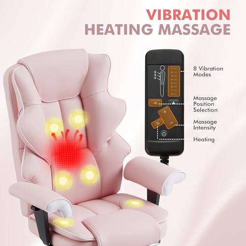 HOMREST 6-Point Massage Executive Chair,Heat Office Chair,Ergonomic Home Office Desk Chairs with Retractable Footrest and Reclining Function,Leather Computer Chair with Adjustable Armrest(‌Pink)