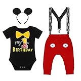 Pijama para bebé niño, 1º cumpleaños, disfraz de Mickey Mouse, pijama + tirantes ajustables + pantalones + cinta para la cabeza, 4 piezas, para hombre, Black-1st Birthday, 12-18 Meses