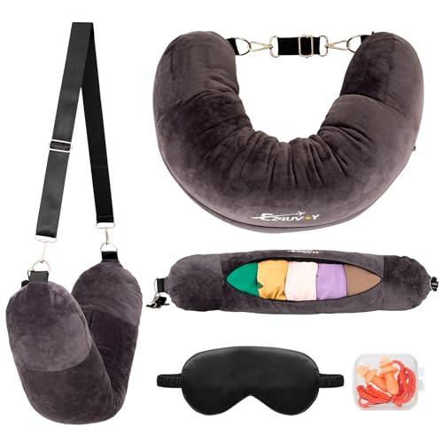 EZ4UVOY Travel Neck Pillow Stuffable with Clothes, Stuffable Travel Pillow, Packable Fillable Storage Bag for Airplan, Soft Velvet Neck Pillow Case Cover
