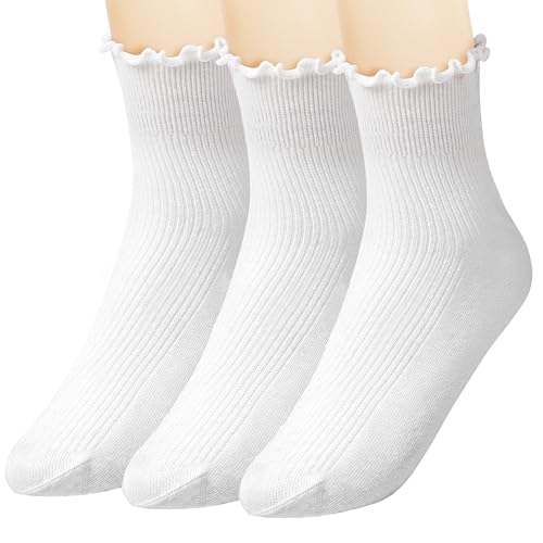 Sunm Boutique Ruffle Socks Woman, White Cute Womens Crew Frilly Socks Cotton Ankle Breathable Size 5-9