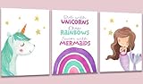 3 PCS Rainbow Unicorn Girl Wall Art Nursery Decor Girls Room Decor Wall Decor, Unframed, Funny Unicorn Bedroom Decor for Girls Painting Artwork for Girls Room Bedroom Home Bathroom, 8x10 inch