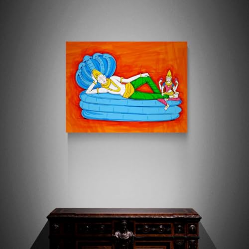 Image of ARTEBELLA Vishnu Reclining on Shesha Naag Canvas Wall Art, Vibrant Orange, Indian Mythological Theme, Home Decor (31.5 in X 42.75 in)