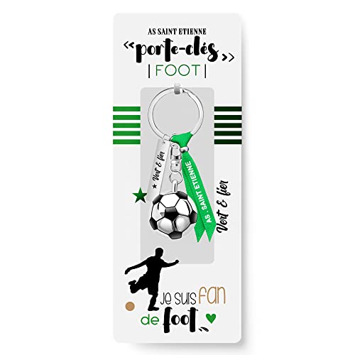 Porte clés ballon FOOT ASSE AS Saint Etienne personnalisé avec le nom, un ruban et une plaque gravée avec le slogan de votre équipe favorite. Cadeau parfait pour Noël, anniversaire, fête (ASSE)