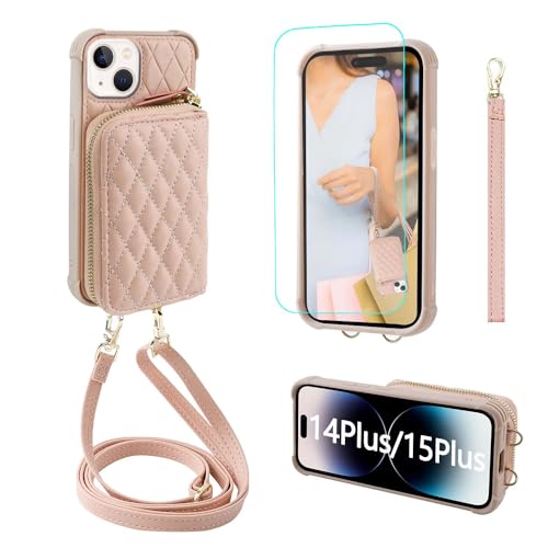 Image of MONASAY Zipper Wallet Case Compatible for iPhone 15 Plus /14 Plus,[Screen Protector][RFID Blocking] Flip Leather Handbag Phone Cover with Card Holder and Crossbody Lanyard Strap, Rosegold