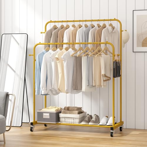 image for Laiensia Double Rods Garment Rack with Wheels, Clothing Rack for Hangi
