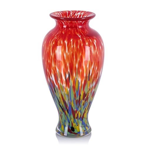 Hand Blown Glass Vase 11.8" Tall Beautiful Sea Wide Mouth Bud Vase for Table Centerpiece, Painted Colorful Murano Glass Flower Vases for - Home Entrance Wedding Center (Red)
