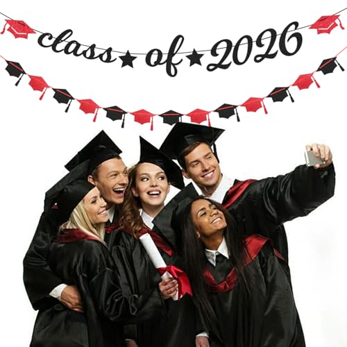 Image of Black Red Graduation Party-Decorations Garland - 36pcs Congrats Grad Class 2026 Banner,Hat Hanging Streamer,College High School Congratulations Master Celebration Classroom Backdrop Decor Burgleda