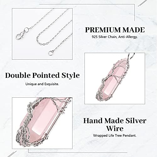 Yaomiao Energy Healing Crystal Necklace Hexagonal Pendant Necklace Wire Wrapped Gemstone Necklace Pointed Quartz Necklace Natural Crystal Stone Pendant with Silver Chain for Women Valentine's Jewelry
