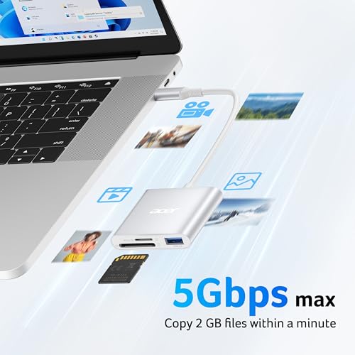 Image of Acer SD Card Reader USB C, 3 in 1 Memory Card Reader with Dual Slots /USB3.0 | Aluminum Micro SD Card Adapter for iPhone 17 /16 /15 Compatible with Camera, Android, MacBook Neo /Pro /Air, Laptop-Silver