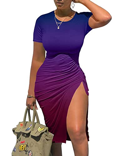 GOKATOSAU Women's Sexy Bodycon Short Sleeve Slit Ruched Summer Club Party Midi Dress