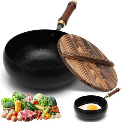 Yuraigm 24cm Japanische Eisenpfanne mit Holzdeckel
