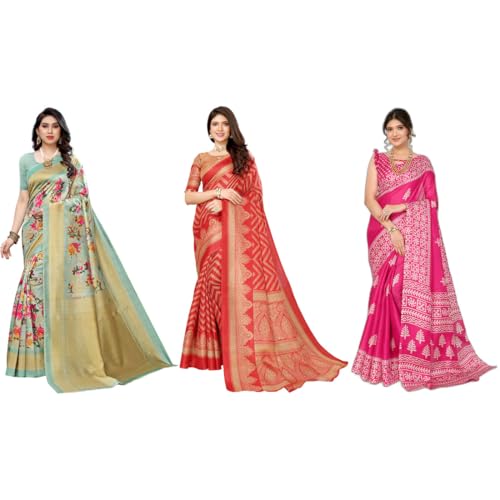 Sari pour femme en soie imprimée Lot de 3 saris multicolores avec chemisier