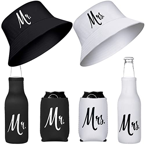 6 Pack Mr And Mrs Hats Sets Included Bride And Groom Caps, Mr And Mrs Beer Bottle Coolies, Mr And Mrs Can Coolers For Wedding (Bucket Cap) #TOP26