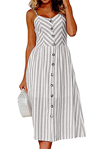 Image of YMING Womens Summer Spaghetti Strap Dresses Button Down Floral Sundress High Waist Swing Midi Dress with Pockets