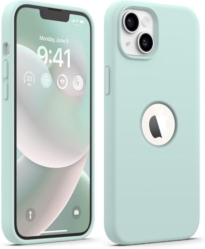 Image of Elzzi Microfiber Logo Cut Cover Compatible for iPhone 13 Case Liquid Silicone Covers Shockproof Back Cover with High Raised Camera Lips - Mint Green