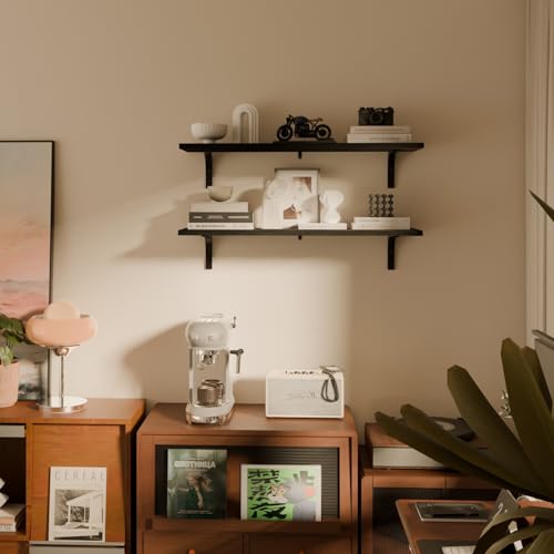 Image of 12 Inch Deep Floating Shelves Set of 2, 36 Inch Extra Wide Black Solid Wood Wall Shelves with 100 lbs Capacity, Heavy Duty Farmhouse Wall Mounted Shelving for Kitchen, Living Room & Bathroom