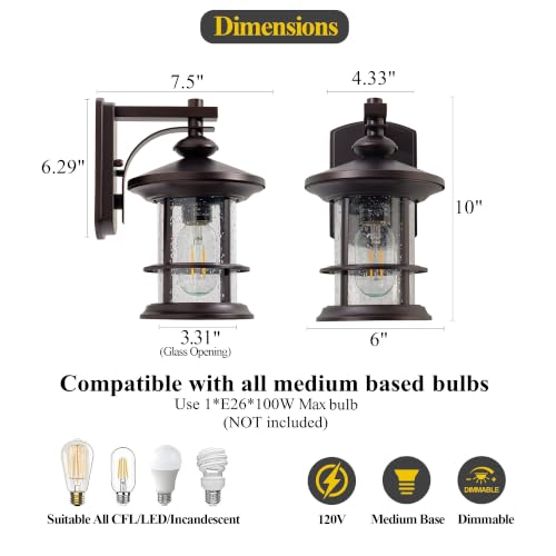 Image of MICSIU 2 Pack Oil Rubbed Bronze Outdoor Wall Light, 10 Inch Rustic Cottage | Max 100W Metal Round Exterior Sconce with Clear Seedy Glass, WaterWroof Porch Light for Entryway, Garage, Bathroom