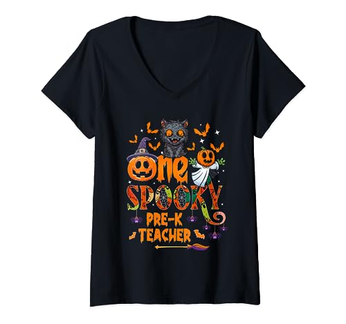 One spooky Pre K Teacher funny Halloween PreK Teacher cat V-Neck T-Shirt