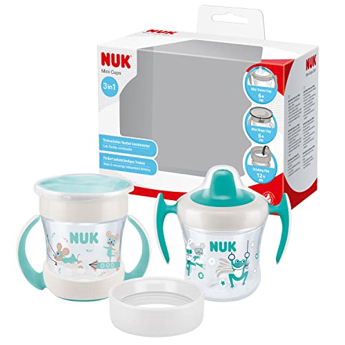 NUK Mini Cups 3-in-1-Trinklernbecherset | Mini Magic Cup und Trainer Cup | auslaufsicherer 360°-Trinkrand | ab 6 Monaten | praktische Griffe | BPA-frei | 160 ml | 2 Stück